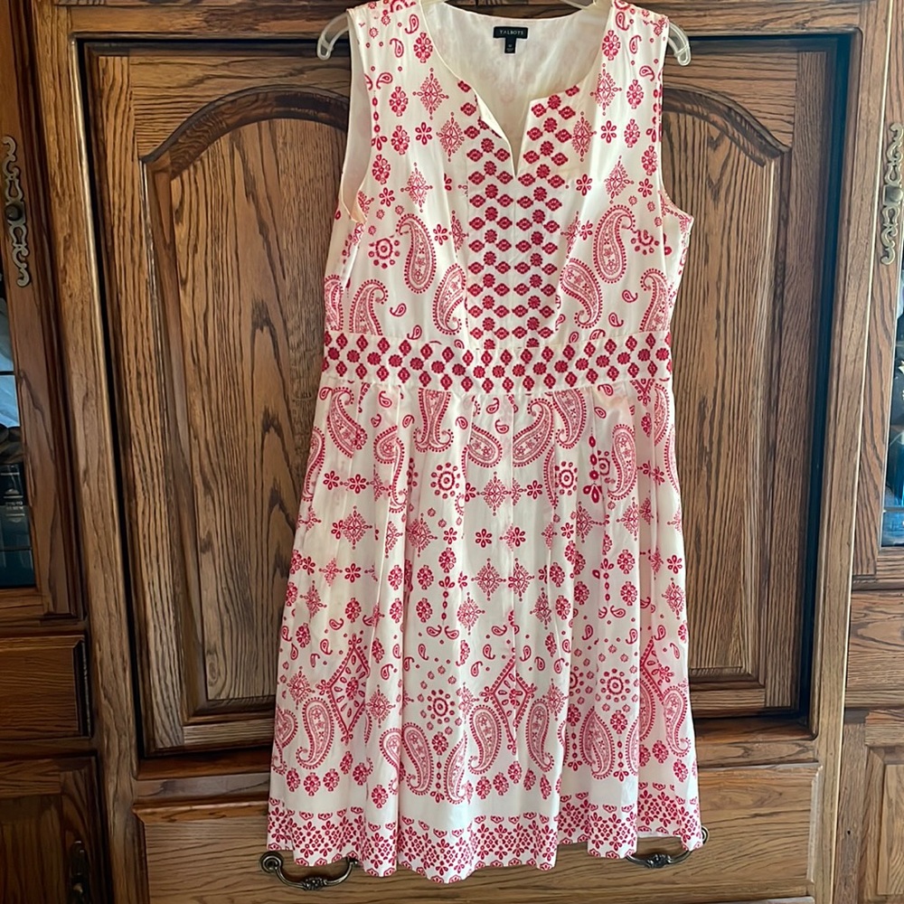 Talbots White Red Bandana Print Embroidered Fit & Flare Dress Size 12